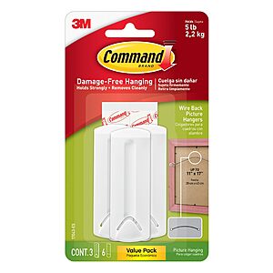 Command 5 lb Wire Back Picture Hangers, 3 Wire Back Hangers and 6 Command Strips $1.4 + Free S&H w/ Prime or $35+