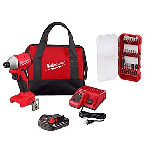 MIlwaukee M18 18V Lith-Ion Compact Brushless Cordless Impact Driver Kit with One 2.0 Ah Battery, Charger & Bit Set (25-Piece) $115