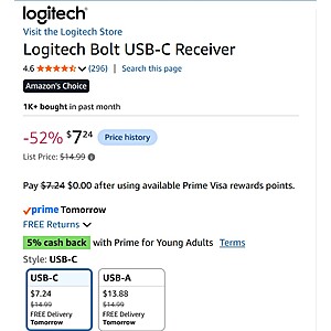 Logitech Bolt USB-C Receiver $7.24