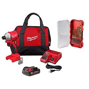 Milwaukee M18 18V Lith-Ion Compact Brushless Cordless Impact Driver Kit w/One 2.0 Ah Battery, Charger & Drill Bit Set (15-Piece) $129