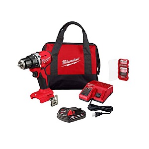 Milwaukee M18 18-Volt Lithium Ion Brushless Cordless 1/2 in. Compact Drill/Driver Combo Kit with SHOCKWAVE 28-Pc Impact Set $129