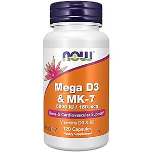 [NEW, SnS] $3.26 | NOW Supplements, Mega D-3 & MK-7, 5000 IU / 180 mcg, 120 Capsules at Amazon