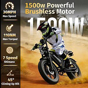 Adult Fat Tire Ebike 1500W Peak Power 20 Inch All Terrain Electric Bicycle $449