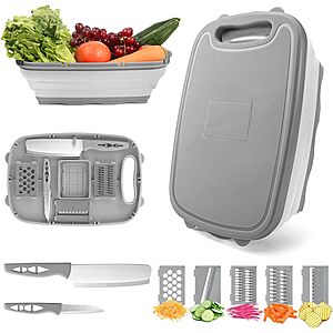 HI NINGER 9-in-1 Collapsible Cutting Board Colander Set w/ 2 Knives & 5 Vegetable Slicer/Grater Blades (various colors) from $12.86 + Free Shipping w/ Prime or on $35+