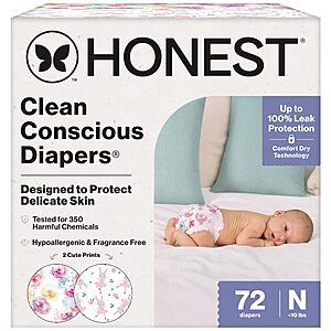 The Honest Company Comfort Dry Disposable Daytime Diapers for Sensitive Skin, Hypoallergenic, Rose Blossom + Tutu Cute, Club Box Size Newborn 72 Count $14.99