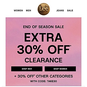 Lee Jeans Extra 30% Off Clearance with code TAKE30