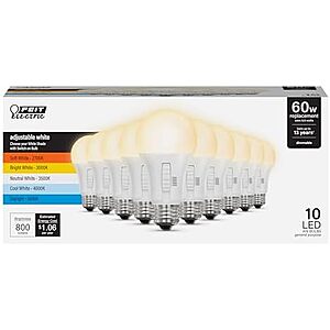 [NEW] $6.85 | 10-Pack Feit Electric A19 LED Light Bulb, 60W Replacement, Dimmable at Amazon