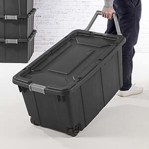 $35 FS Walmart in choice of 4 colors: TWO Sterilite Extra-Large Wheeled Industrial Storage Bin, 40 Gallon Durable Plastic Storage Tote with Latching Lid and Pull Handle,
