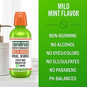 TheraBreath Fresh Breath Mouthwash, Mild Mint Flavor, Alcohol-Free, 16 Fl Oz (2-Pack) $7.43