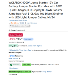 WOLFBOX JS24 4000A Jump Starter with 65W Quick Charger Block $77