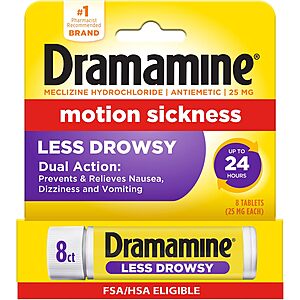 Select Accounts: 8-Count Dramamine Motion Sickness Relief Less Drowsy Tablets Travel Vial $1.64 w/ S&S + Free Shipping w/ Prime or on $35+