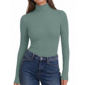 Ekouaer Ribbed Long Sleeve Turtleneck Tops for Women Lightweight High Neck Winter Shirts Basics Fashion Layering Tee Grey Green M $3.99
