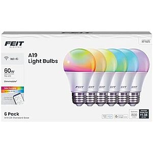 [NEW] $16.99 | 6-Pack Feit Electric A19 Smart LED Light Bulb, 60W Equivalent, Dimmable, RGBW Color Changing at Amazon