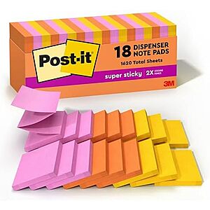 [NEW] $10.98 | Post-it Super Sticky Dispenser Notes, 3 x 3 in, Neon Fizz, 18 Pads at Amazon