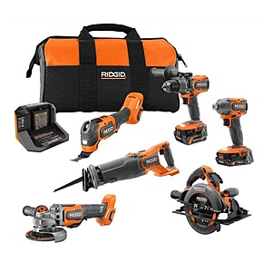 Ridgid 18V Brushless Cordless 6-Tool Combo Kit with 6.0 Ah and 2.0 Ah MAX Output Batteries and Charger $349