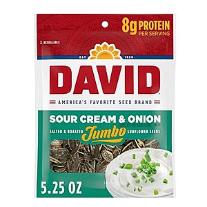 [SnS, AC] $12.80 | 12-Pack 5.25-Oz DAVID Seeds Roasted and Salted Jumbo Sunflower Seeds (Sour Cream & Onion) at Amazon ($1.07 each)