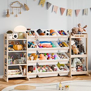 59" Ikalife 3-in-1 Kids' Pine Wood Toy Storage Organizer w/ Stuffed Animal Zoo, 12 Plastic Bins and 4-Tier Bookshelf (Natural) $69.59 + Free Shipping