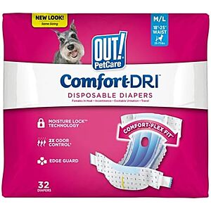 [NEW, SnS, AC] $5.44 | Out! PetCare Disposable Dog Diapers, 18”-25” Waist (M/L, 32ct) at Amazon