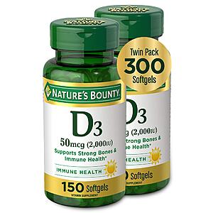 $7.12 S&S AMAZON Nature's Bounty Vitamin D3, Supports Immune System and Bone Health, 50mcg, 150 Softgels (Pack of 2)