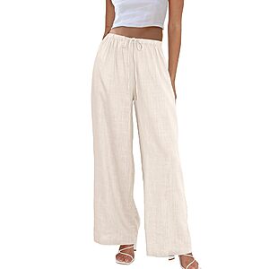 Duyang Womens Cotton Linen Palazzo Pants Drawstring Elastic Waist Casual Wide Leg Trousers with Pockets(Apricot,XS) $14.99