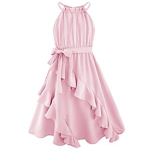 HOZIY Girls Pink Dress Tiered Ruffle Swing Halter Neck Sleeveless Chiffon Summer Birthday Party Dresses Kids 6t 7t