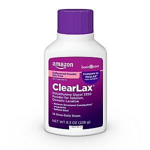 Amazon Basic Care ClearLax, Polyethylene Glycol 3350 Powder for Solution, Osmotic Laxative, Unflavored, 8.3 ounce (Pack of 1) $5.87