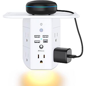 Mifaso Wall Outlet Extender with Shelf and Night Light, Surge Protector $11.98