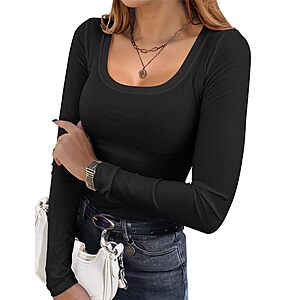 Ekouaer Womens Long Sleeve Shirts Square Neck Slim Fit Basic Tops Ribbed Thermal Undershirts Layering Tee Black Medium $4.99