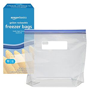 [S&S, AC]$7.05: Amazon Basics Reclosable Freezer Gallon Size Bags with Double Zipper Seal,90 Count (Previously Solimo)