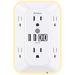 Addtam Surge Protector, 6 Outlet Extender with Night Light and 4 USB Ports | Multi Plug Wall Outlet, Electrical Outlet Splitter, 3-Sided 1800J Power Strip for Home $9.99