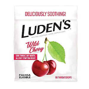 $2.46 or less S&S Clip Q: Luden's Sore Throat Relief Lozenges Wild Cherry Flavored Drops, 90 Count Amazon
