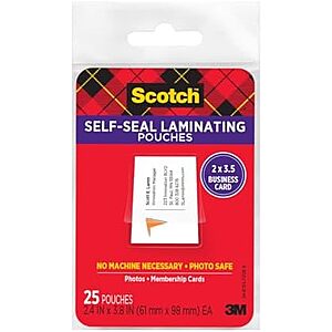 [NEW] $1.97 | 25-Pack Scotch Self-Sealing Laminating Pouches, 2 in x 3.5 in Business Card Size at Amazon