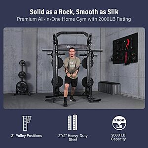 Major Fitness Drone2 Premium Smith△ Machine, All-in-One Home Gym Squat Rack with Aluminum Pulley Set, Weight Bar (BK D2AW Package(with Black Bench+230lb)) $1869