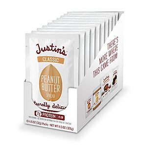 $6.90: Justin's Classic Gluten-Free Peanut Butter Spread Squeeze Packs, 1.15 Ounce (10 Pack)