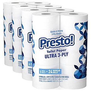 24-Count Pack of 4 (96 Rolls) 319-Sheet Presto! Mega Roll Ultra 3-Ply Toilet Paper (Unscented) $17.46 + F/S w/ Prime or on Orders $35+