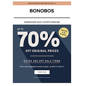 Bonobos Up to 70% Off Extra 30% Off Sale Items Price as Marked Free Shipping