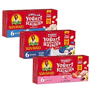 18-Pack 1-oz Sun-Maid Yogurt Coated Raisins 3-Flavor Bundle (Vanilla, Strawberry & Blueberry) $6.64 + Free Shipping w/ Prime or on $35+