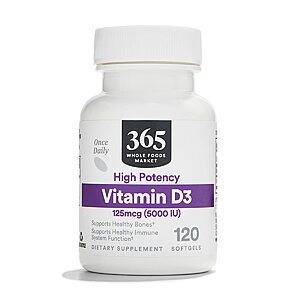 [S&S, AC] $4.83: 365 by Whole Foods Market Vitamin D3 Softgels, 5000 IU, 120 CT