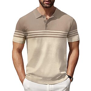 COOFANDY Mens Striped Polo Shirts Short Sleeve Striped Textured Pullover Golf Polo T Shirts, Khaki and Beige, Large $16.99