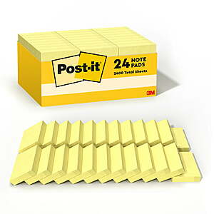 24-Ct 1.5"x2" Post-It Notes (Canary Yellow; 2400 Sheets) $4.54 + Free S&H w/ Walmart+ or on $35+