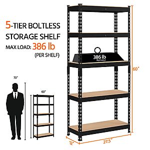 Topeakmart 5 Tier Metal Storage Shelving Unit, 27.5x12x60 Inch, Black $33.29