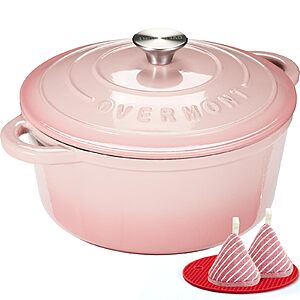 7-Quart Overmont Enameled Cast Iron Dutch Oven Pot w/ Lid, Cookbook & Cotton Potholders (Various) from $38.99 + Free Shipping