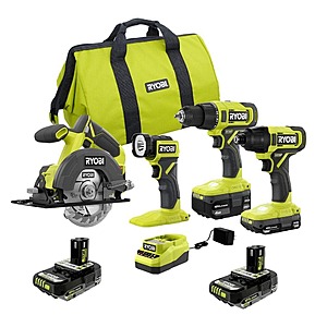 Ryobi ONE+ 18V Cordless 4-Tool Combo Kit w/ 1.5 Ah Battery, 4.0 Ah Battery, & Charger w/ (2) 2.0 Ah HIGH PERFORMANCE Batteries $199