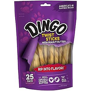 [NEW, SnS] $3.19 | 25-Pack 0.18-Oz Dingo Twist Sticks Rawhide Dog Treat with Peanut Butter at Amazon