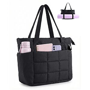 U+U Puffer Tote Bag for Women, Quilted Work Handbag with Compartments, Lightweight Puffy Shoulder Bag with Yoga Mat Strap for Daily, Travel, and Gym (Black) $18.99