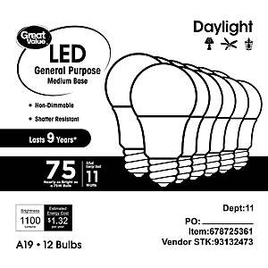 12-Pack Great Value LED 75W 1050-Lumens A19 Light Bulbs (5000K) $3.04 + Free S&H w/ Walmart+ or on $35+