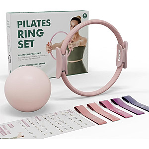 PAETA Pilates Ring Set – 14” Magic Circle (38 lbs Resistance), 9.8” Pilates Ball, 5 Resistance Bands, and Exercise Guide $26.99