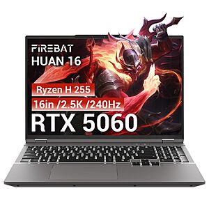 FIREBAT Gaming Laptop RTX 5060, 2560x1600 16in 240Hz 2.5K QHD+, AMD Ryzen 7 H 255 Processor (8C/16T, 4.9GHz), 8GB GDDR7 VRAM, 16GB DDR5 512GB SSD $999