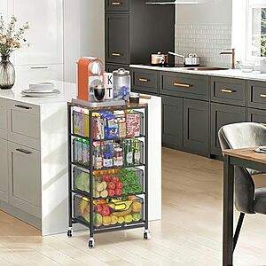 SUNALLY 4-Tier Rolling Kitchen Cart w/ Drawers & Lockable Wheels: White $30.87, Black $31.09 + Free Shipping w/ Prime or on $35+