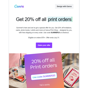 20% off $75+ for Canva invitations, cards, photo books, t-shirts and more at Canva Print Shop